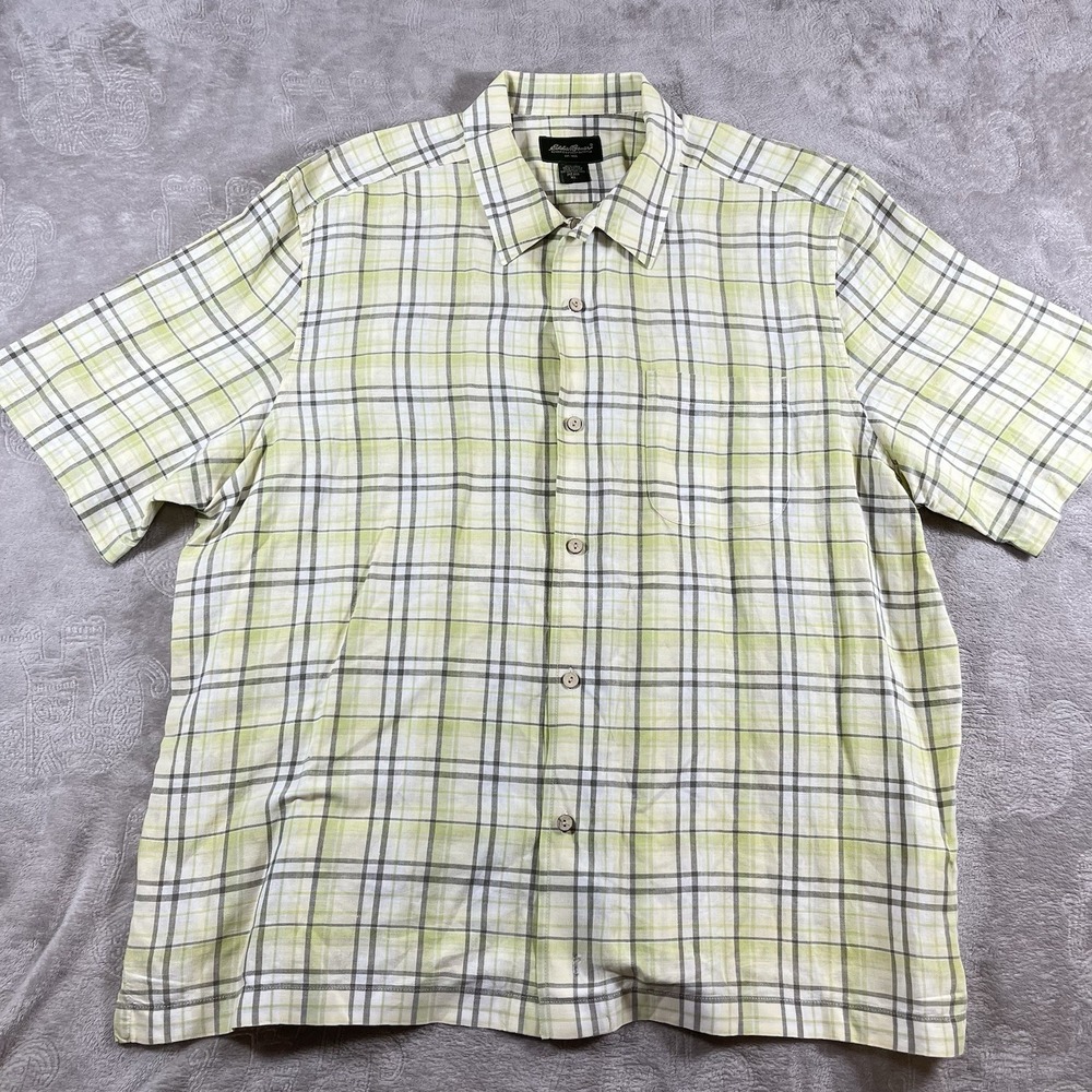 Eddie Bauer Mens XL Green Yellow Linen Cotton Short‎ Sleeve Shirt Plaid Casual
